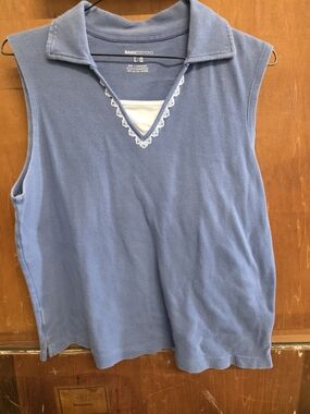 Basic Editions Light Blue Sleeveless Polo Tank with Lace Trim